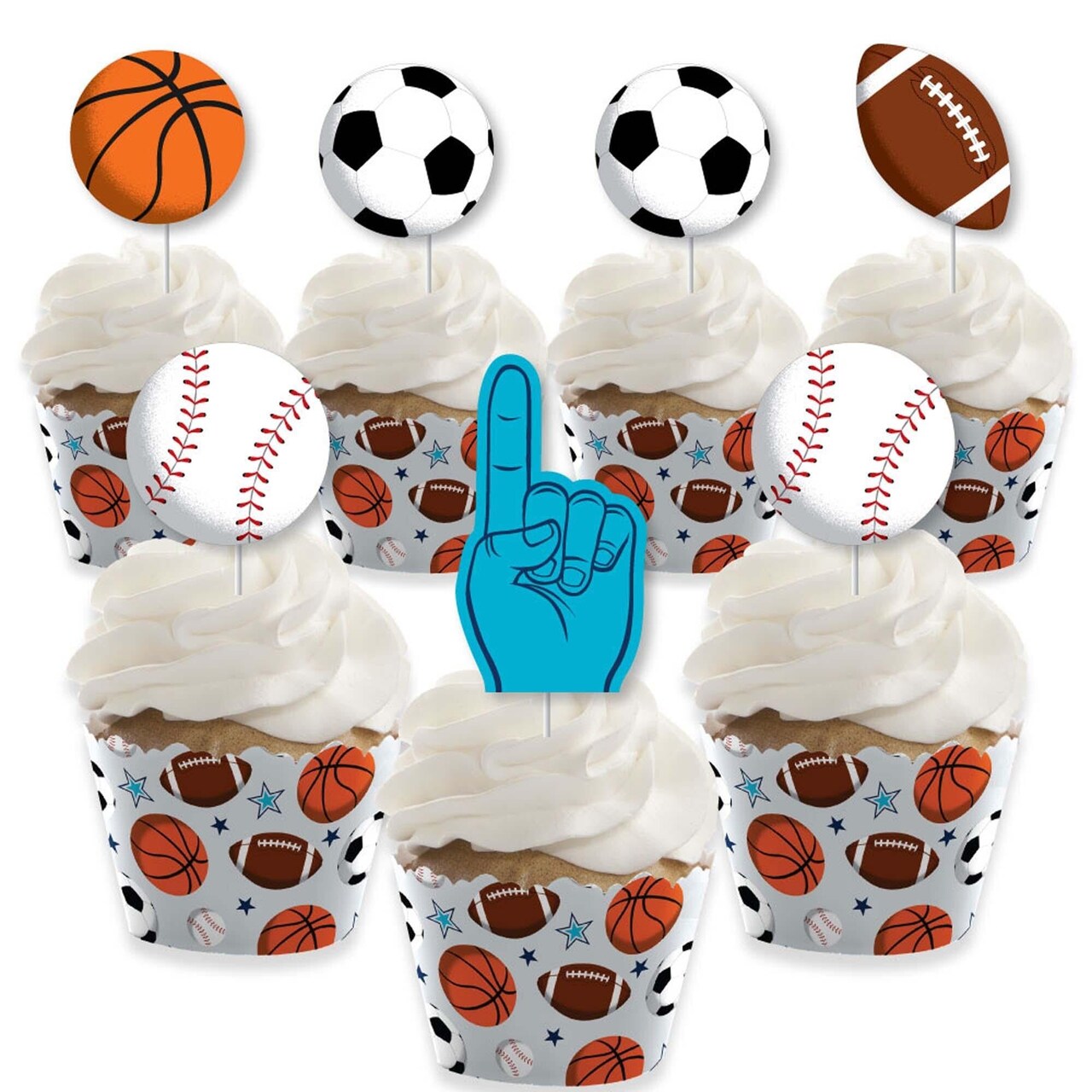 Big Dot of Happiness Go, Fight, Win - Sports - Cupcake Decoration - Baby Shower or Birthday Party Cupcake Wrappers and Treat Picks Kit - Set of 24